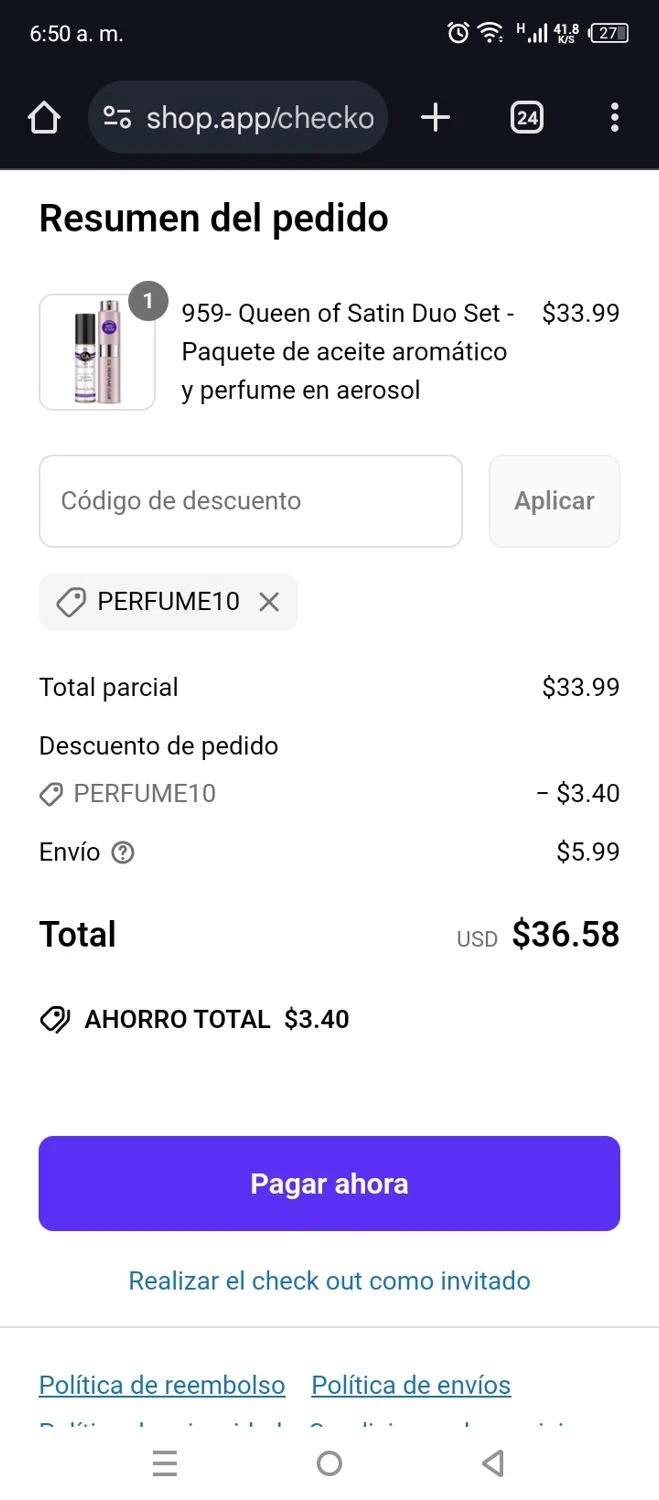 CA Perfume promo code screenshot showing code caperfume10 applied at CA Perfume checkout page. Uploaded by SimplyCodes community member Code_339264826 on Mar 23, 2025