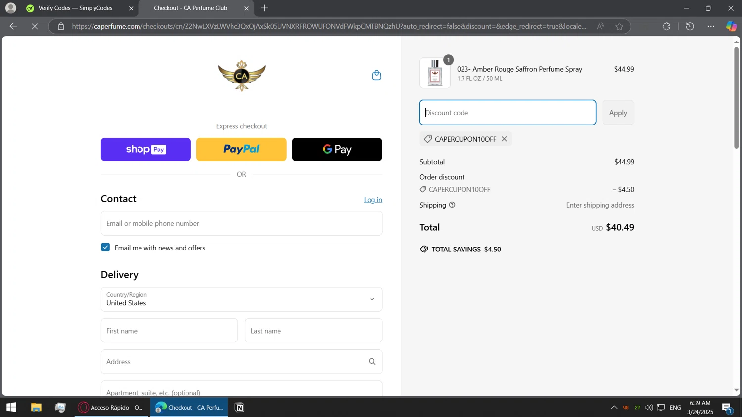 CA Perfume promo code screenshot showing code CAPERCUPON10OFF applied at CA Perfume checkout page. Uploaded by SimplyCodes community member BorgeZzz on Mar 24, 2025