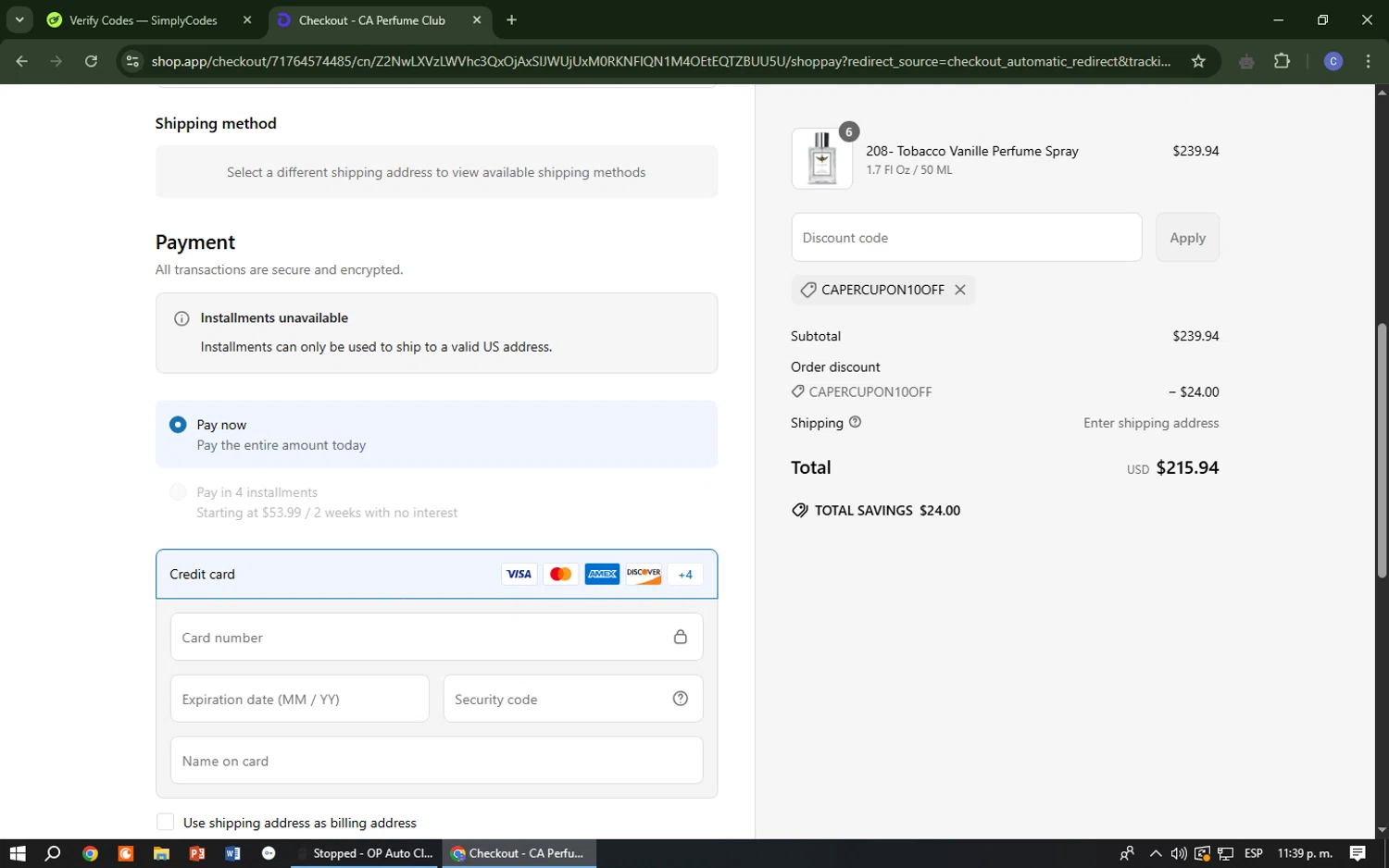 CA Perfume promo code screenshot showing code CAPERCUPON10OFF applied at CA Perfume checkout page. Uploaded by SimplyCodes community member Cr7aveiro on Apr 15, 2025