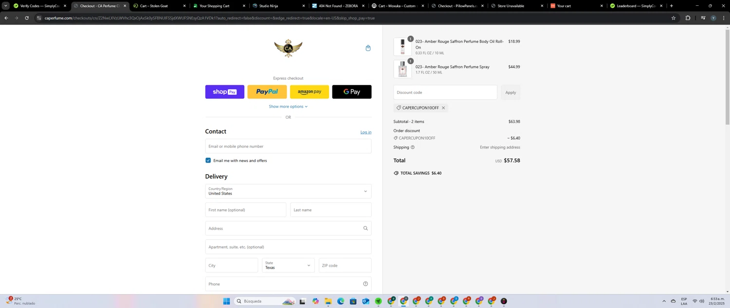 CA Perfume promo code screenshot showing code CAPERCUPON10OFF applied at CA Perfume checkout page. Uploaded by SimplyCodes community member yosuethgotopo on Feb 23, 2025