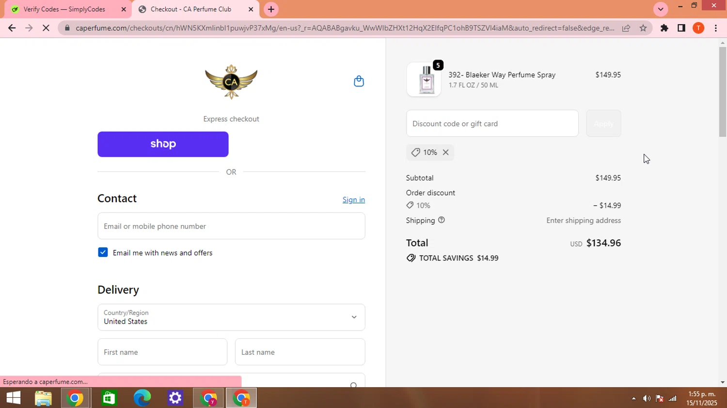 CA Perfume promo code screenshot showing code 10% applied at CA Perfume checkout page. Uploaded by SimplyCodes community member HHHHHHH on Nov 15, 2025