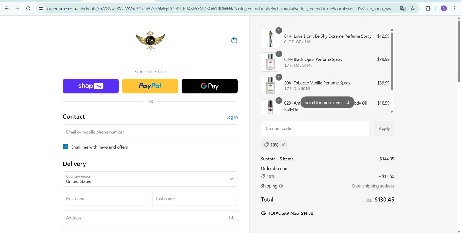 CA Perfume promo code screenshot showing code 10% applied at CA Perfume checkout page. Uploaded by SimplyCodes community member AGDR28 on Mar 26, 2025