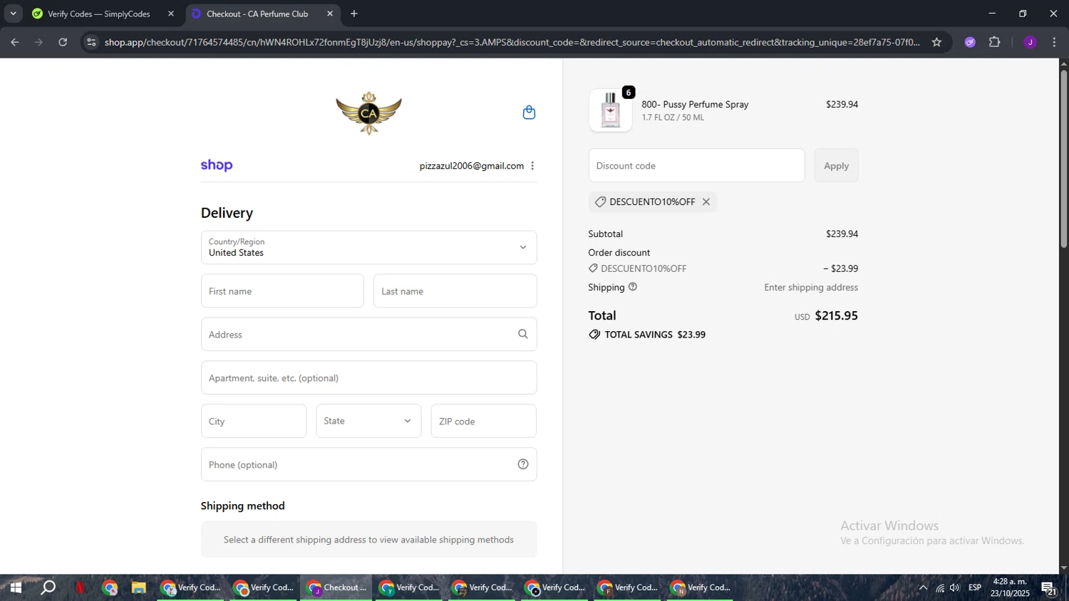 CA Perfume promo code screenshot showing code DESCUENTO10%off applied at CA Perfume checkout page. Uploaded by SimplyCodes community member ComeBurra123 on Oct 23, 2025