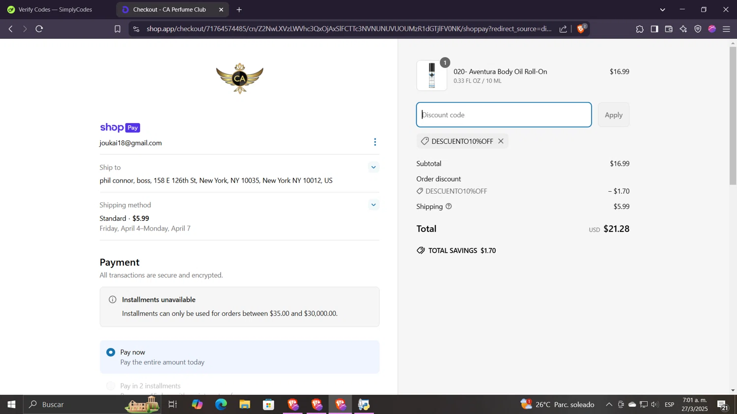 CA Perfume promo code screenshot showing code DESCUENTO10%off applied at CA Perfume checkout page. Uploaded by SimplyCodes community member Despechao on Mar 27, 2025