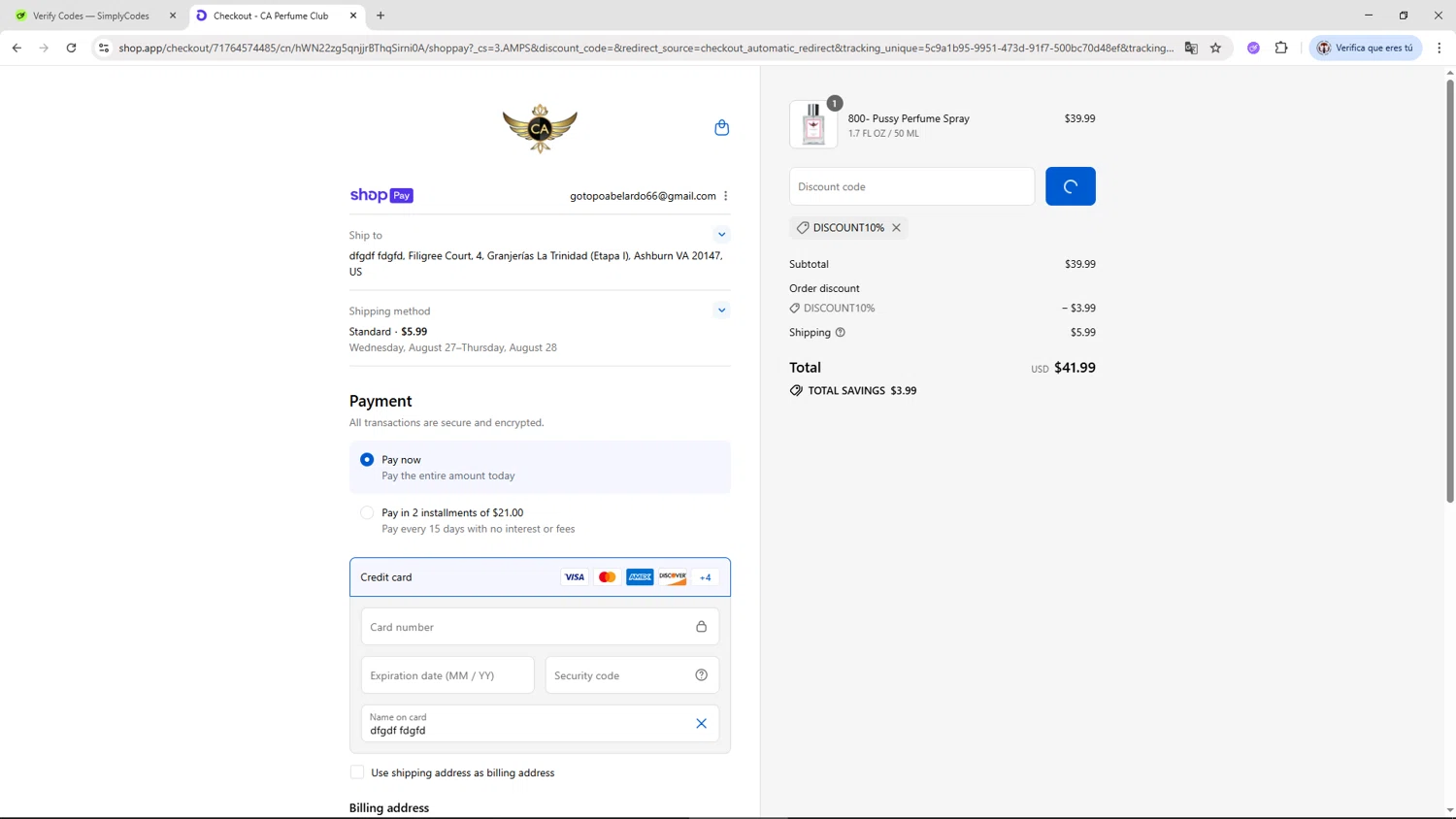 CA Perfume promo code screenshot showing code DISCOUNT10% applied at CA Perfume checkout page. Uploaded by SimplyCodes community member Salometta on Aug 21, 2025