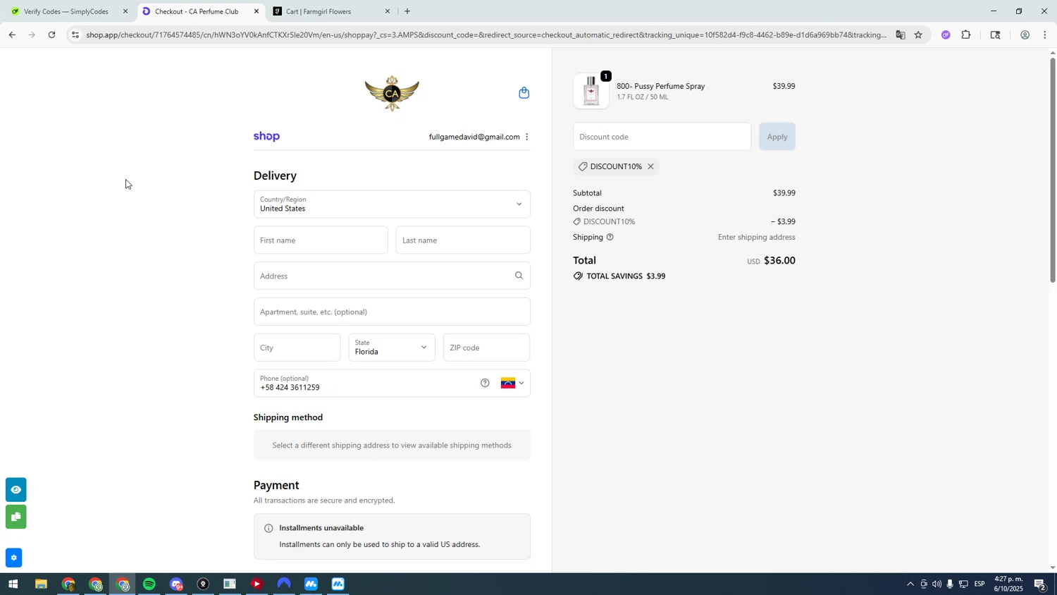 CA Perfume promo code screenshot showing code DISCOUNT10% applied at CA Perfume checkout page. Uploaded by SimplyCodes community member asdasdasd on Oct 6, 2025