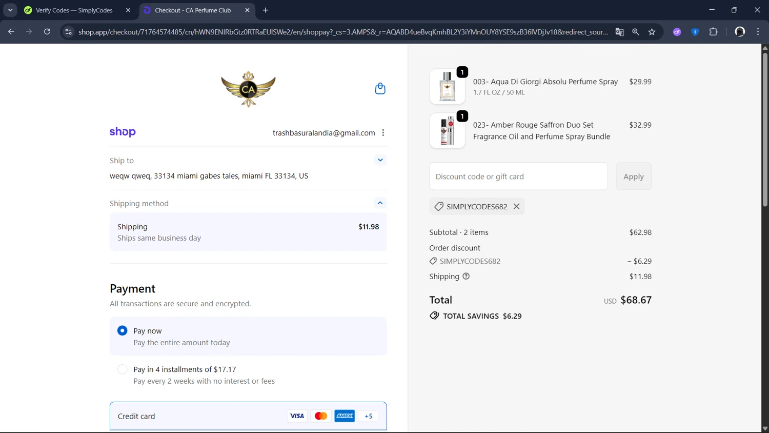 CA Perfume checkout page showing CA Perfume promo code box | Screenshot taken by SimplyCodes community member on Feb 26, 2026