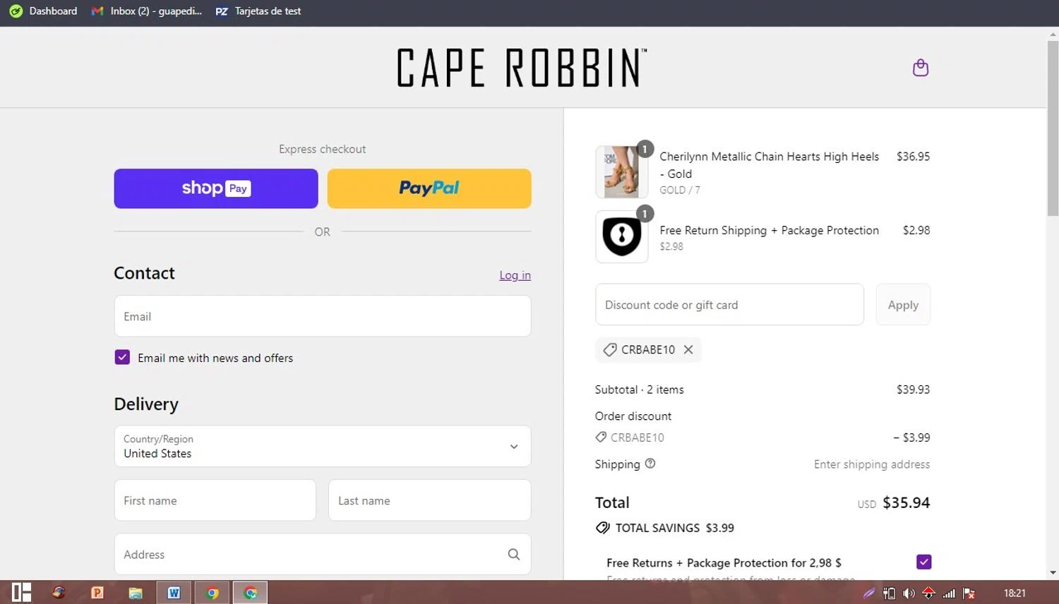 Cape Robbin discount code screenshot showing code CRBABE10 applied at Cape Robbin checkout page. Uploaded by SimplyCodes community member PaticoBel on Aug 17, 2025