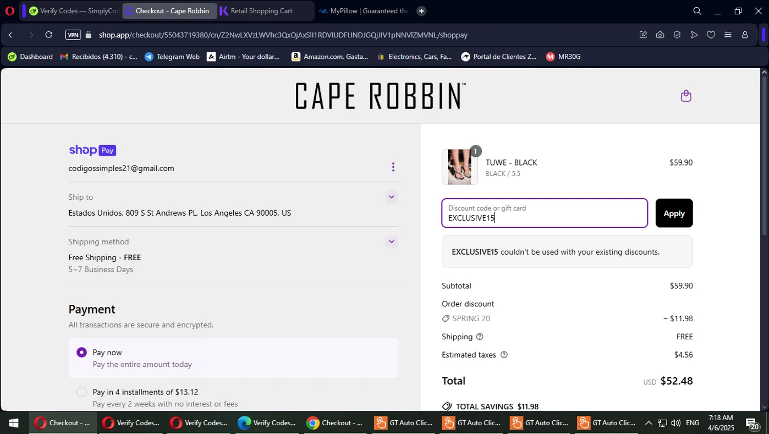 Cape Robbin discount code screenshot showing code EXCLUSIVE15 applied at Cape Robbin checkout page. Uploaded by SimplyCodes community member PokeGOAT on Apr 6, 2025