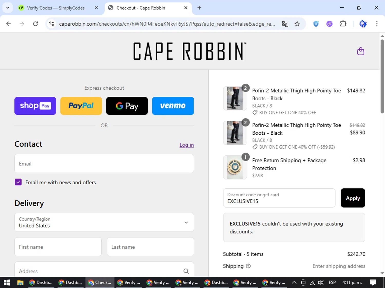 Cape Robbin discount code screenshot showing code EXCLUSIVE15 applied at Cape Robbin checkout page. Uploaded by SimplyCodes community member WiseHunter8213 on Jul 9, 2025
