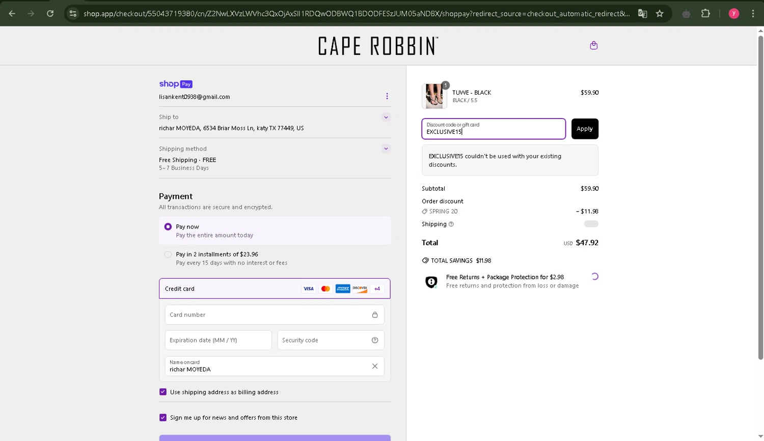 Cape Robbin discount code screenshot showing code EXCLUSIVE15 applied at Cape Robbin checkout page. Uploaded by SimplyCodes community member carmis007 on Apr 6, 2025