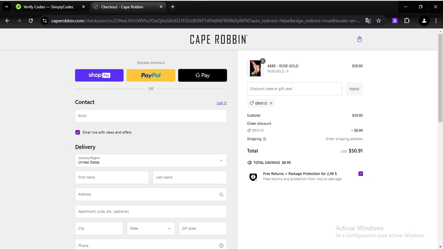 Cape Robbin discount code screenshot showing code Erin15 applied at Cape Robbin checkout page. Uploaded by SimplyCodes community member CarlesPlanas on Jan 18, 2025