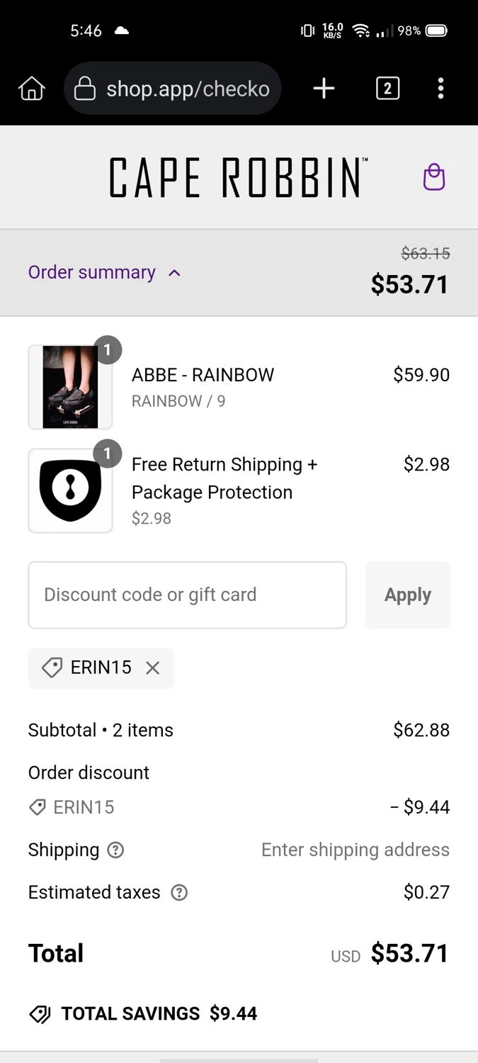 Cape Robbin discount code screenshot showing code Erin15 applied at Cape Robbin checkout page. Uploaded by SimplyCodes community member Wonderwoman82 on Jan 18, 2025