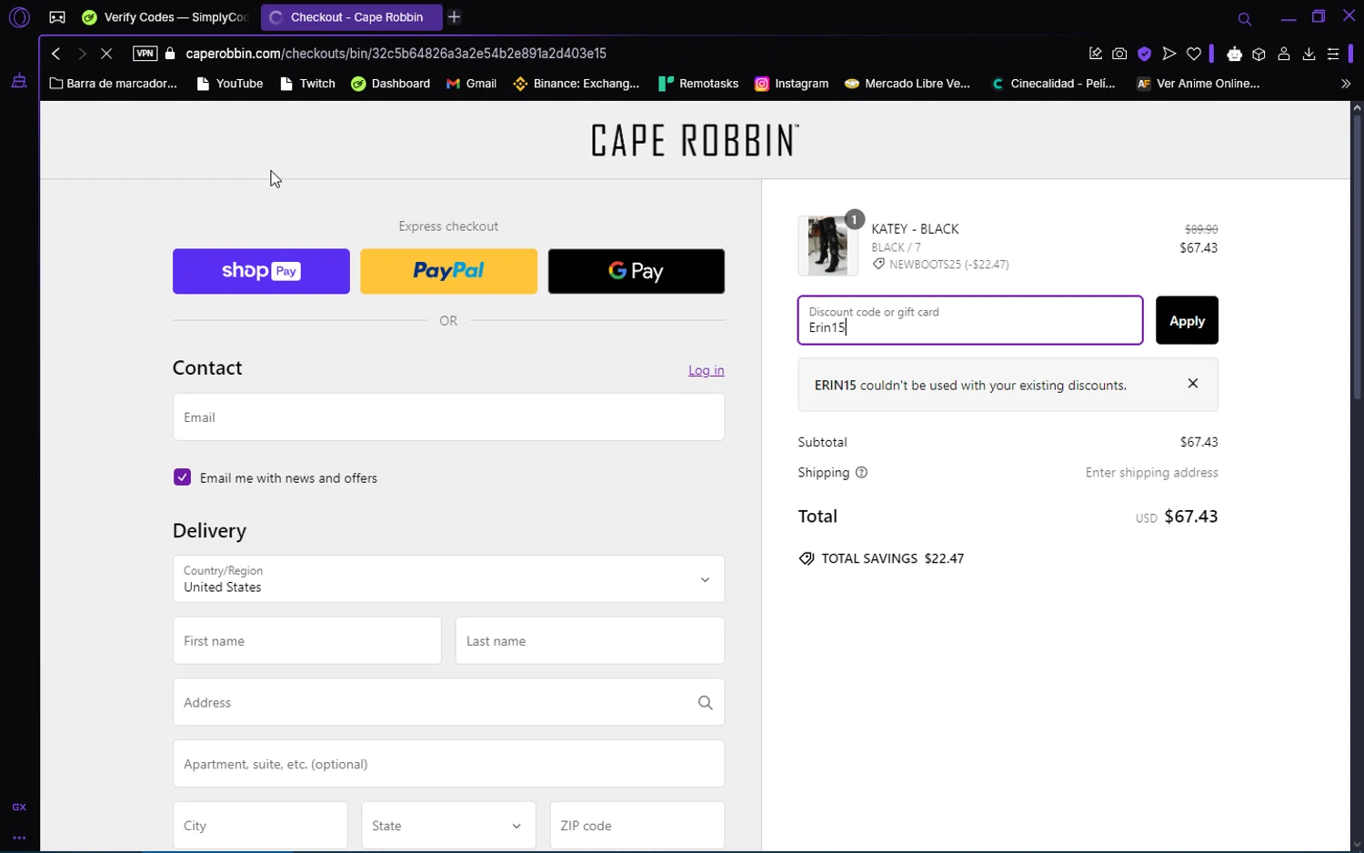 Cape Robbin discount code screenshot showing code Erin15 applied at Cape Robbin checkout page. Uploaded by SimplyCodes community member trinzo on Jan 29, 2025