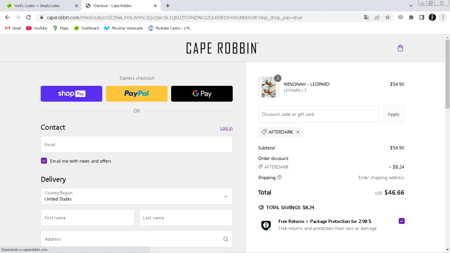 Cape Robbin discount code screenshot showing code AFTERDARK applied at Cape Robbin checkout page. Uploaded by SimplyCodes community member ChinoYugiXD on Feb 22, 2025