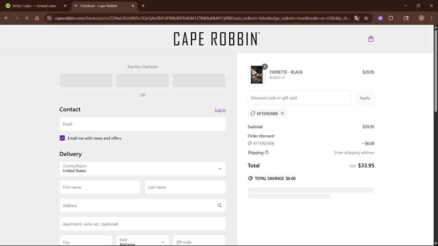 Cape Robbin discount code screenshot showing code AFTERDARK applied at Cape Robbin checkout page. Uploaded by SimplyCodes community member WisePro3955 on Jun 11, 2025