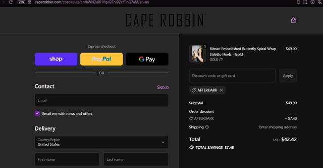 Cape Robbin checkout page showing Cape Robbin discount code box | Screenshot taken by SimplyCodes community member on Sep 12, 2025
