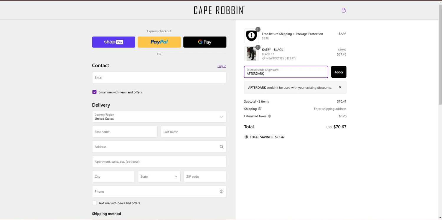 Cape Robbin discount code screenshot showing code AFTERDARK applied at Cape Robbin checkout page. Uploaded by SimplyCodes community member puntoloco on Jan 31, 2025