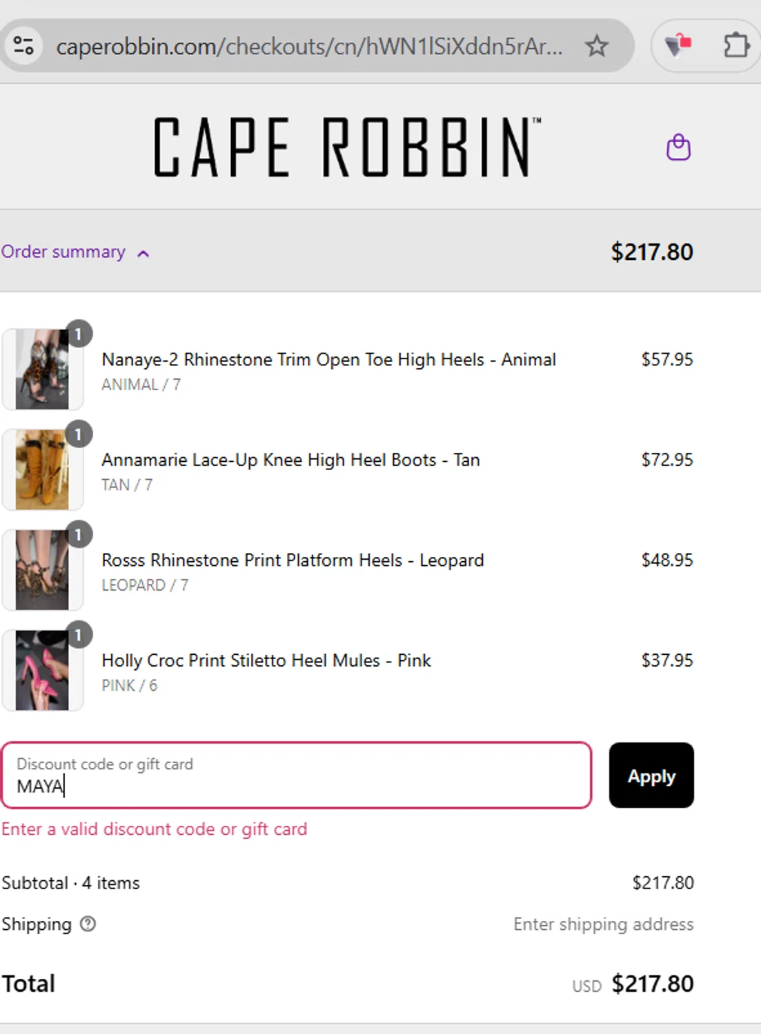 Cape Robbin discount code screenshot showing code MAYA applied at Cape Robbin checkout page. Uploaded by SimplyCodes community member WonderExpert2552 on Aug 13, 2025