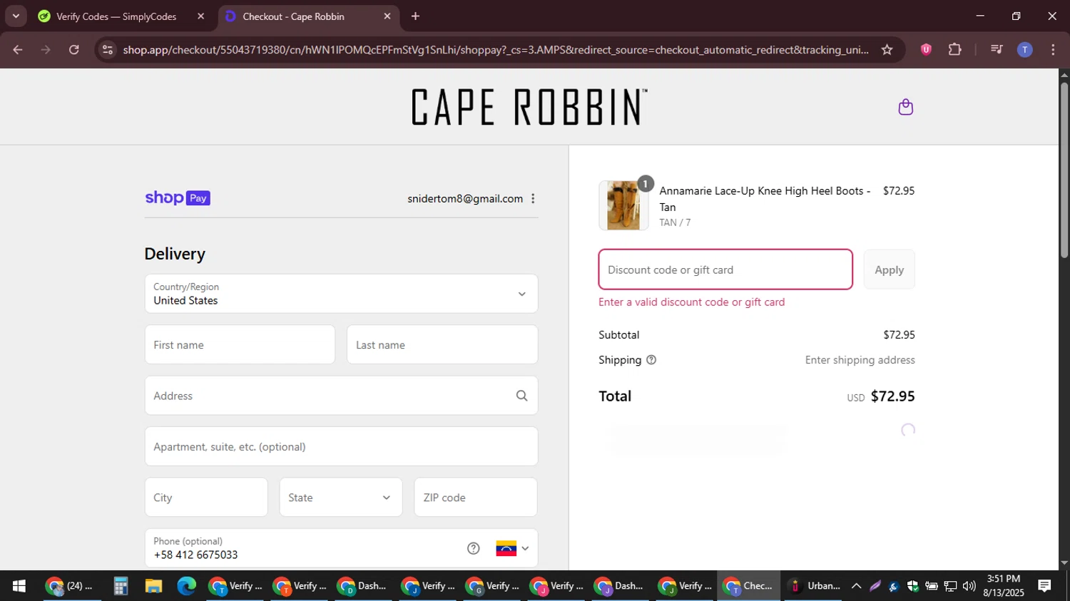 Cape Robbin discount code screenshot showing code BMEDIA15 applied at Cape Robbin checkout page. Uploaded by SimplyCodes community member snidertom8 on Aug 13, 2025