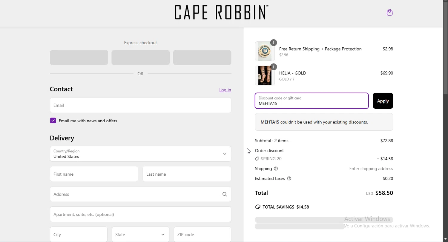 Cape Robbin discount code screenshot showing code MEHTA15 applied at Cape Robbin checkout page. Uploaded by SimplyCodes community member Jsjsjsjsjsjsjs on Mar 28, 2025