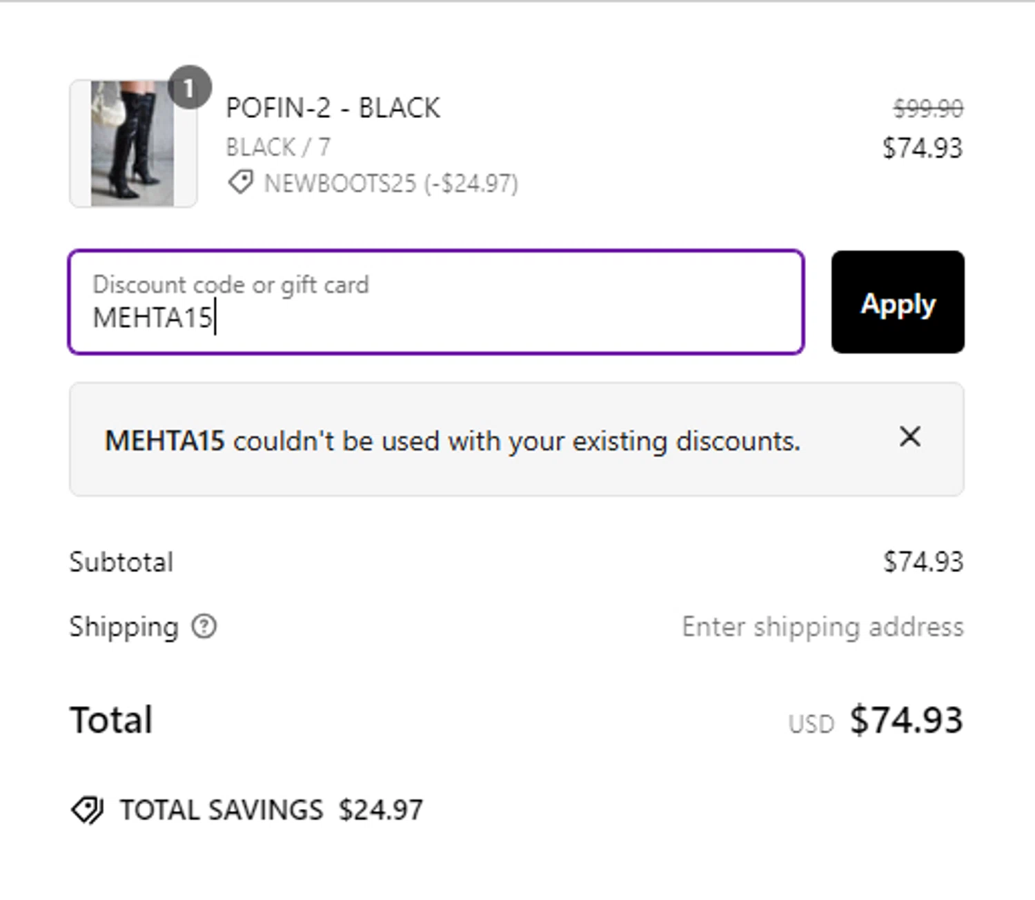 Cape Robbin discount code screenshot showing code MEHTA15 applied at Cape Robbin checkout page. Uploaded by SimplyCodes community member Toundjiale on Jan 29, 2025