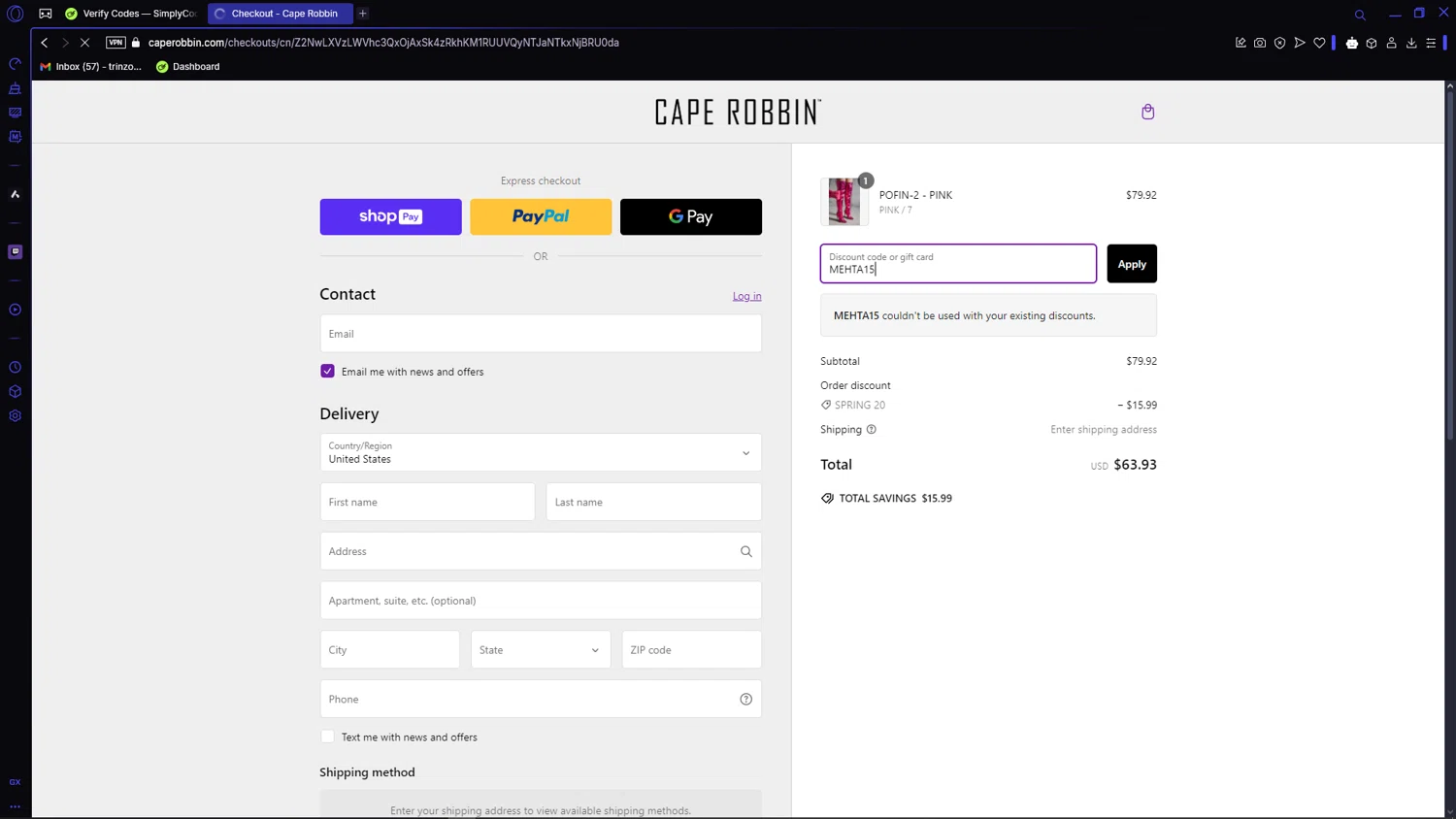 Cape Robbin discount code screenshot showing code MEHTA15 applied at Cape Robbin checkout page. Uploaded by SimplyCodes community member VictoriousCaptain3902 on Feb 27, 2025