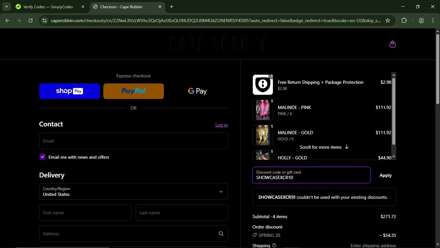 Cape Robbin discount code screenshot showing code SHOWCASEXCR10 applied at Cape Robbin checkout page. Uploaded by SimplyCodes community member LegendaryFalcon5662 on Mar 23, 2025