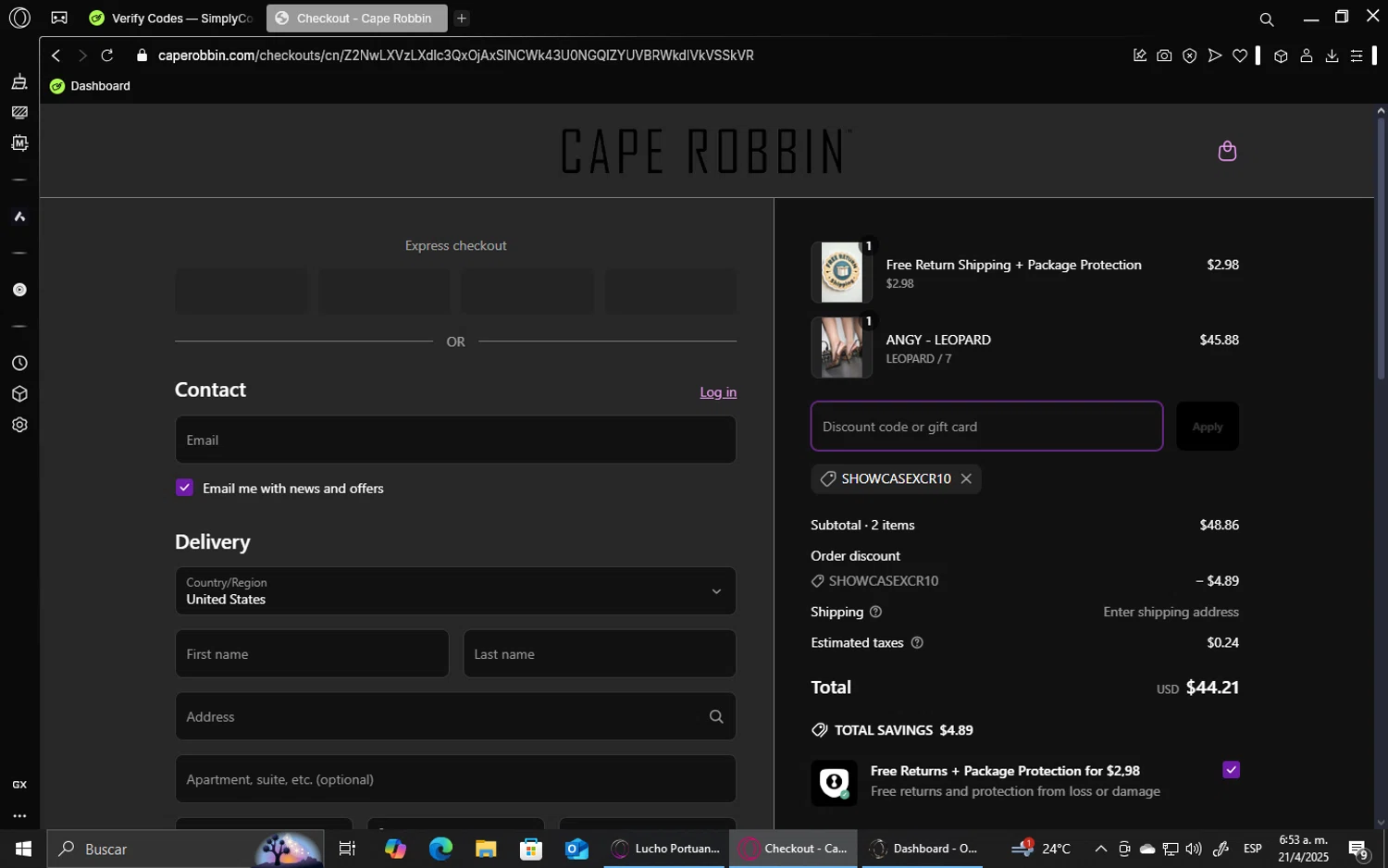 Cape Robbin discount code screenshot showing code SHOWCASEXCR10 applied at Cape Robbin checkout page. Uploaded by SimplyCodes community member ShieldVirtuoso1197 on Apr 21, 2025