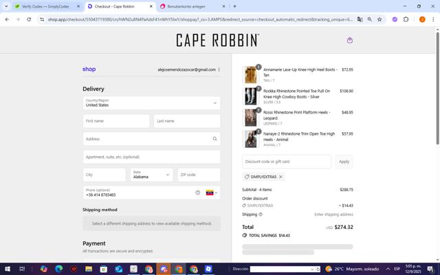 Cape Robbin checkout page showing Cape Robbin discount code box | Screenshot taken by SimplyCodes community member on Sep 12, 2025