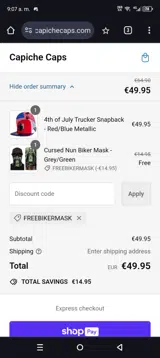 FREEBIKERMASK coupon verification screenshot