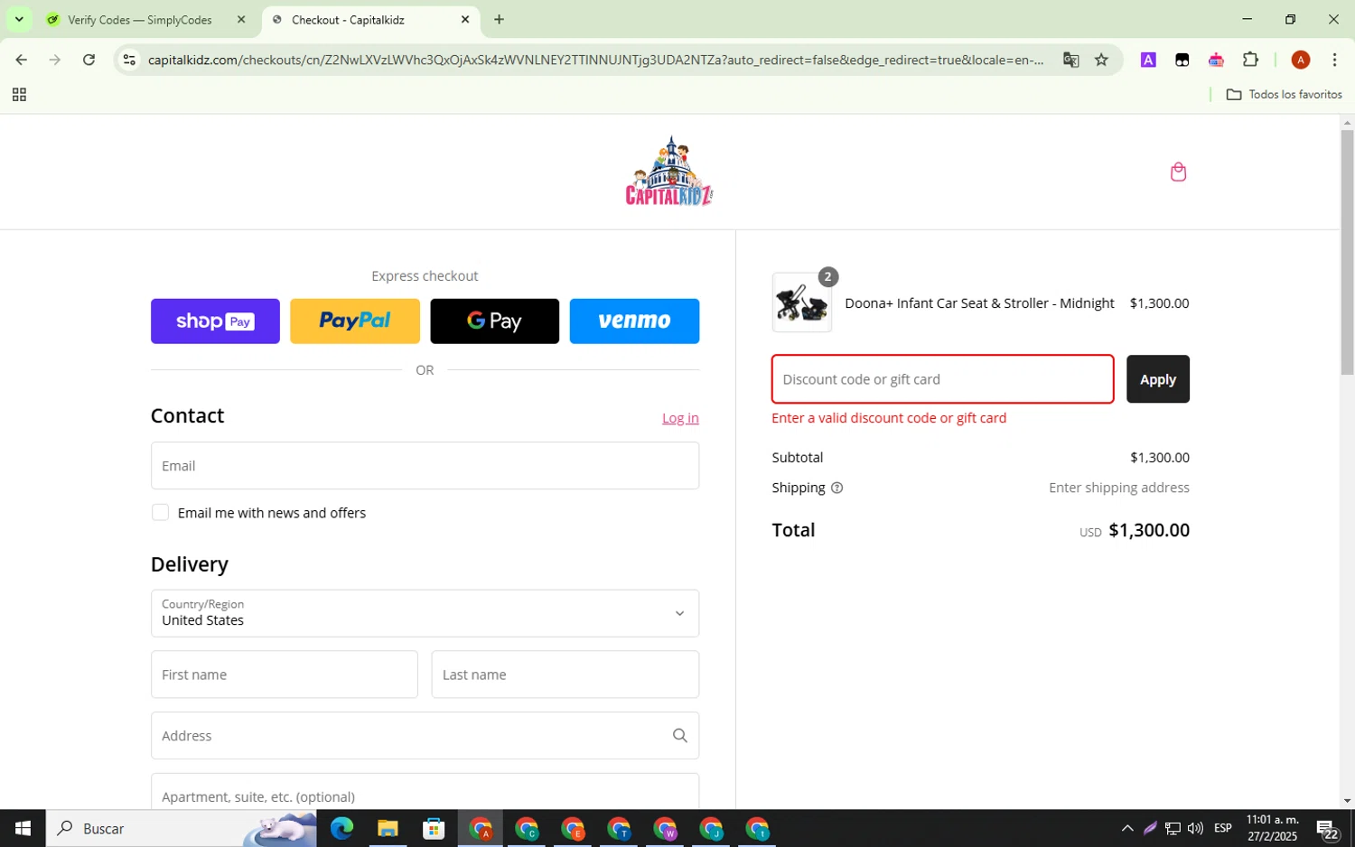 Capitalkidz discount code screenshot showing code 10OFFINVITEF2E69EF1AA9D applied at Capitalkidz checkout page. Uploaded by SimplyCodes community member BonusShopper323 on Feb 27, 2025