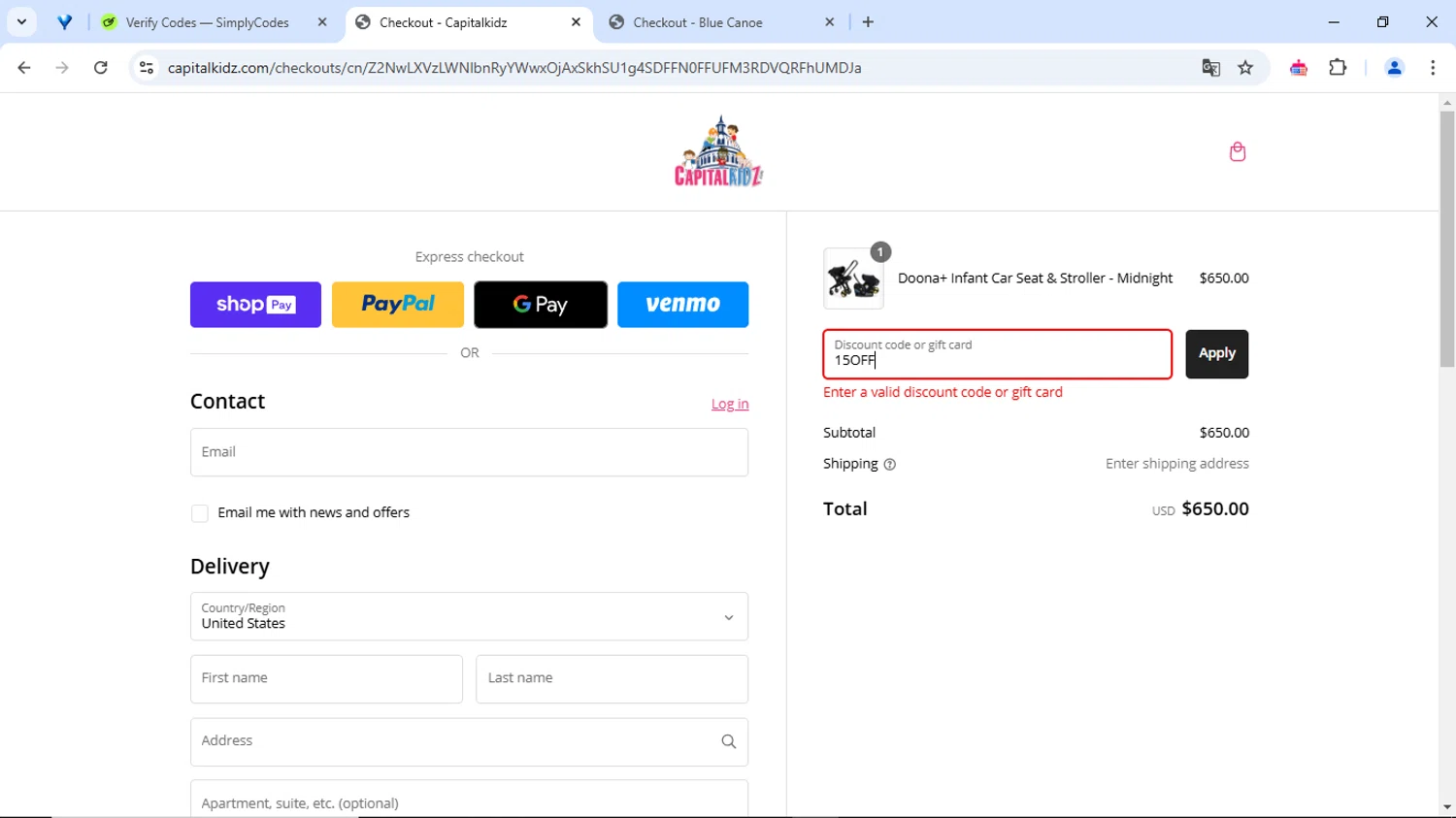 Capitalkidz discount code screenshot showing code 15OFF applied at Capitalkidz checkout page. Uploaded by SimplyCodes community member GoldFox1696 on Jan 17, 2025