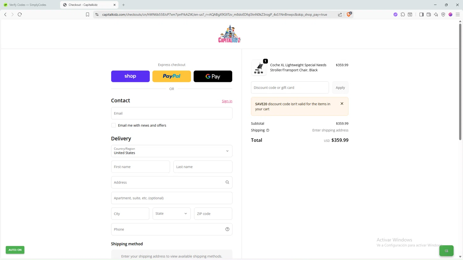 Capitalkidz discount code screenshot showing code SAVE20 applied at Capitalkidz checkout page. Uploaded by SimplyCodes community member LaVelaEnPinta on Dec 19, 2025