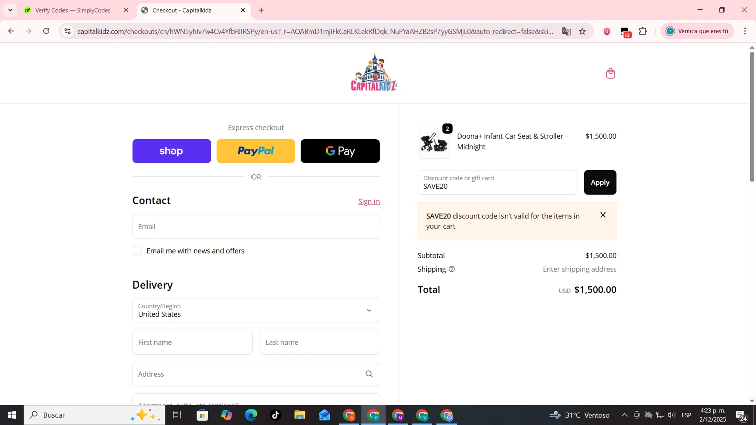 Capitalkidz discount code screenshot showing code SAVE20 applied at Capitalkidz checkout page. Uploaded by SimplyCodes community member codygakpo on Dec 2, 2025