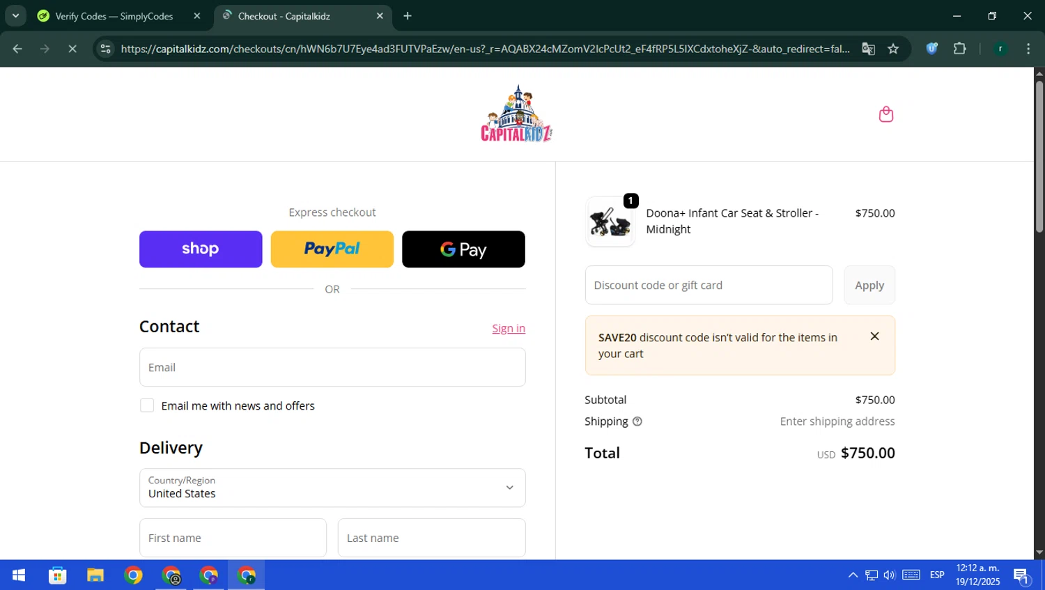 Capitalkidz discount code screenshot showing code SAVE20 applied at Capitalkidz checkout page. Uploaded by SimplyCodes community member rodri1 on Dec 19, 2025