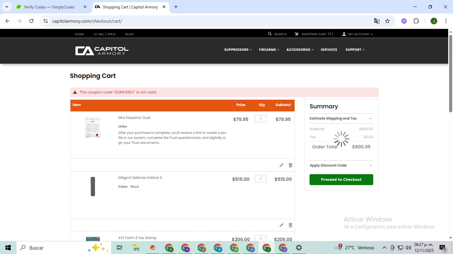 Capitol Armory discount code screenshot showing code GONFAREV applied at Capitol Armory checkout page. Uploaded by SimplyCodes community member CleverSeeker3529 on Nov 12, 2025