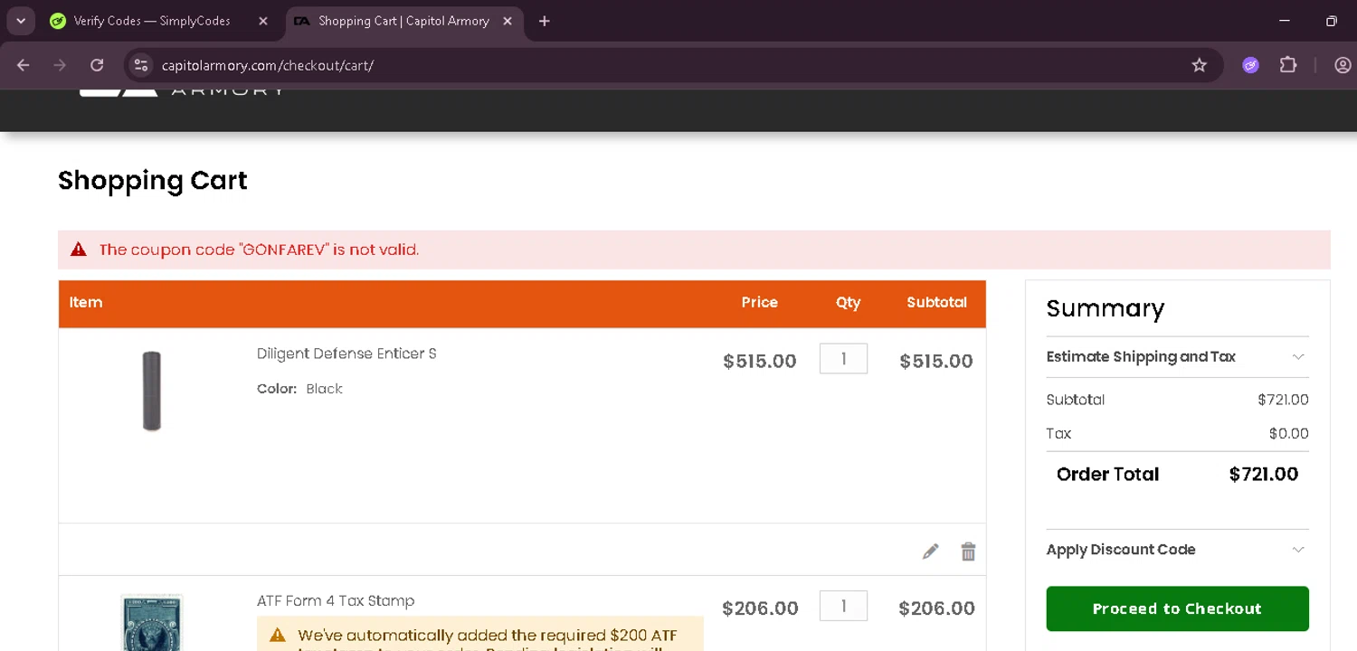 Capitol Armory discount code screenshot showing code GONFAREV applied at Capitol Armory checkout page. Uploaded by SimplyCodes community member EnmanuelEDITOR on Nov 12, 2025