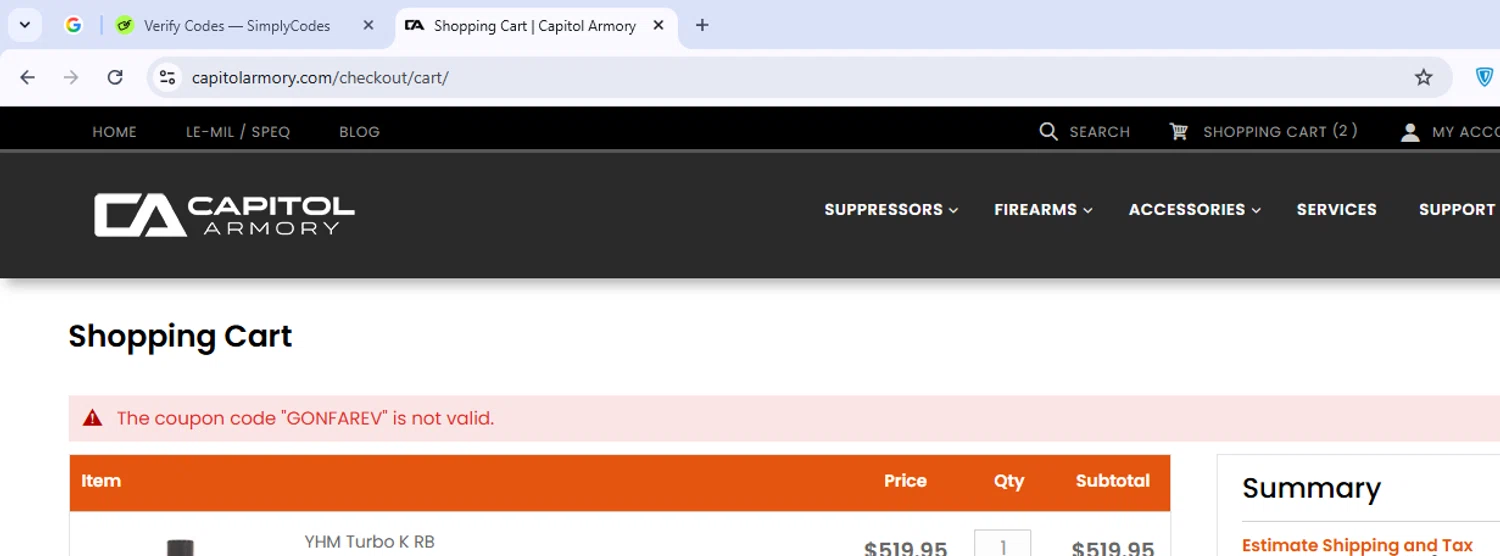Capitol Armory discount code screenshot showing code GONFAREV applied at Capitol Armory checkout page. Uploaded by SimplyCodes community member VoucherGuardian4807 on Nov 12, 2025