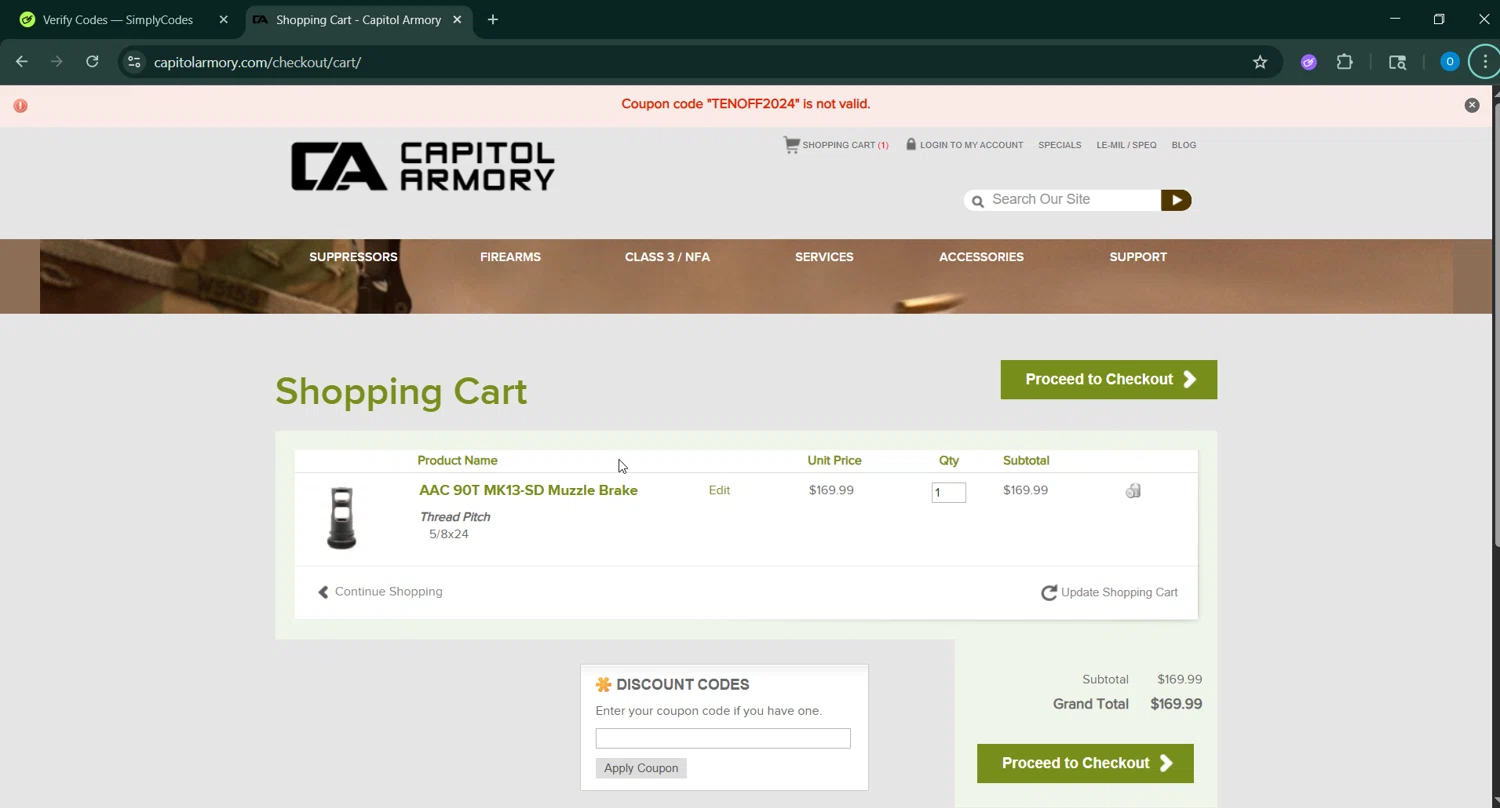 Capitol Armory discount code screenshot showing code TENOFF2024 applied at Capitol Armory checkout page. Uploaded by SimplyCodes community member GoldAdmiral5202 on Sep 26, 2025