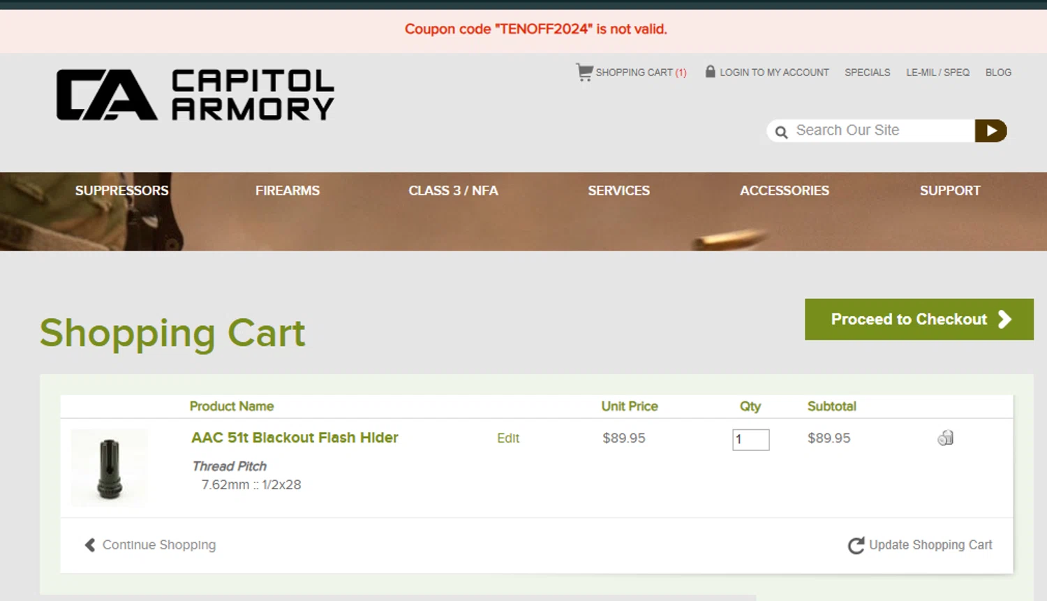 Capitol Armory discount code screenshot showing code TENOFF2024 applied at Capitol Armory checkout page. Uploaded by SimplyCodes community member PrimeFalcon5548 on Sep 26, 2025