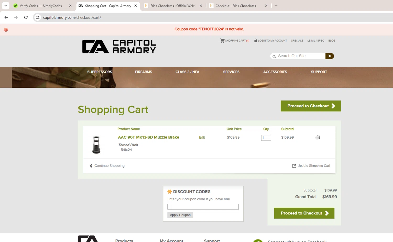 Capitol Armory discount code screenshot showing code TENOFF2024 applied at Capitol Armory checkout page. Uploaded by SimplyCodes community member Rado1234 on Sep 26, 2025
