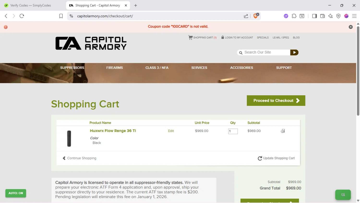 Capitol Armory discount code screenshot showing code 100CARD applied at Capitol Armory checkout page. Uploaded by SimplyCodes community member SapeGato on Sep 26, 2025