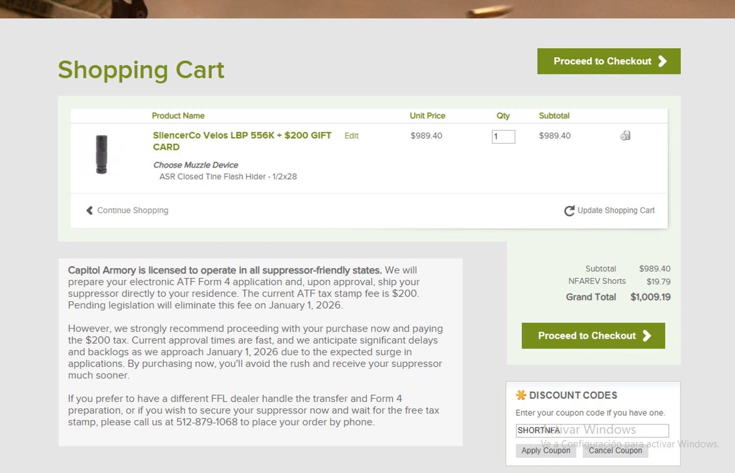 Capitol Armory discount code screenshot showing code SHORTNFA applied at Capitol Armory checkout page. Uploaded by SimplyCodes community member Gary_23 on Oct 23, 2025