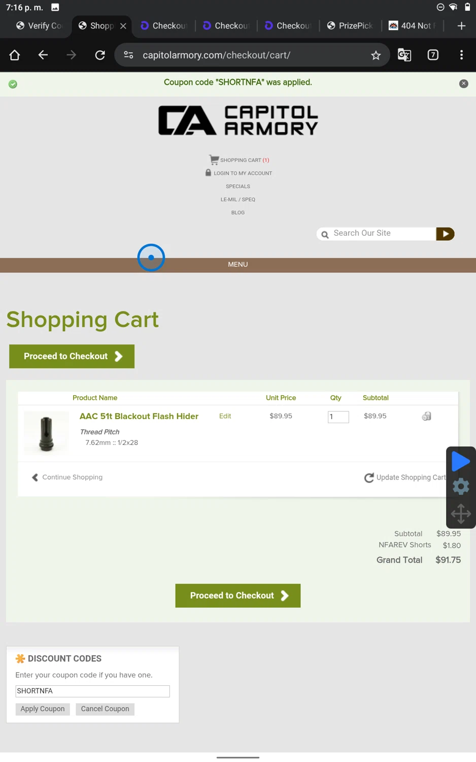 Capitol Armory discount code screenshot showing code SHORTNFA applied at Capitol Armory checkout page. Uploaded by SimplyCodes community member SmartWhiz9028 on Sep 23, 2025