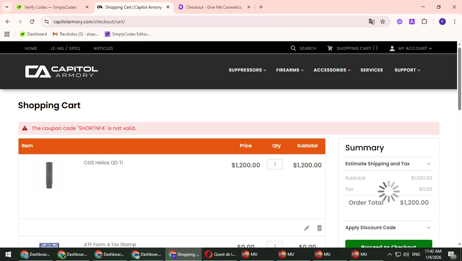 Capitol Armory discount code screenshot showing code SHORTNFA applied at Capitol Armory checkout page. Uploaded by SimplyCodes community member TrevorPhilips on Jan 9, 2026