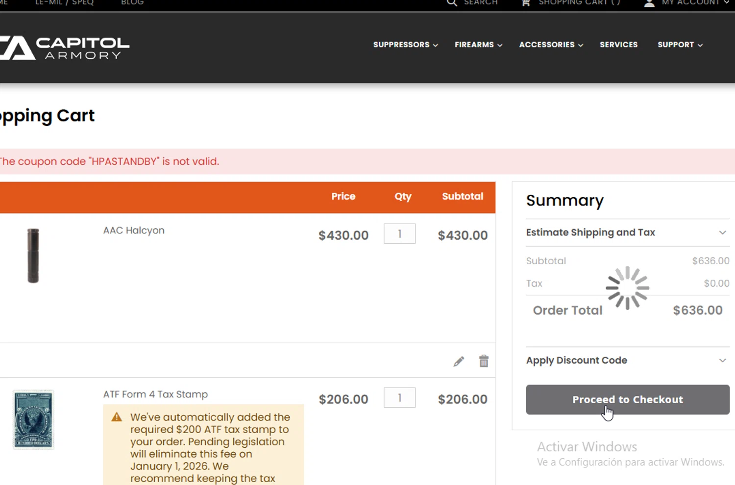 Capitol Armory discount code screenshot showing code HPASTANDBY applied at Capitol Armory checkout page. Uploaded by SimplyCodes community member BudgetGuardian5712 on Nov 17, 2025