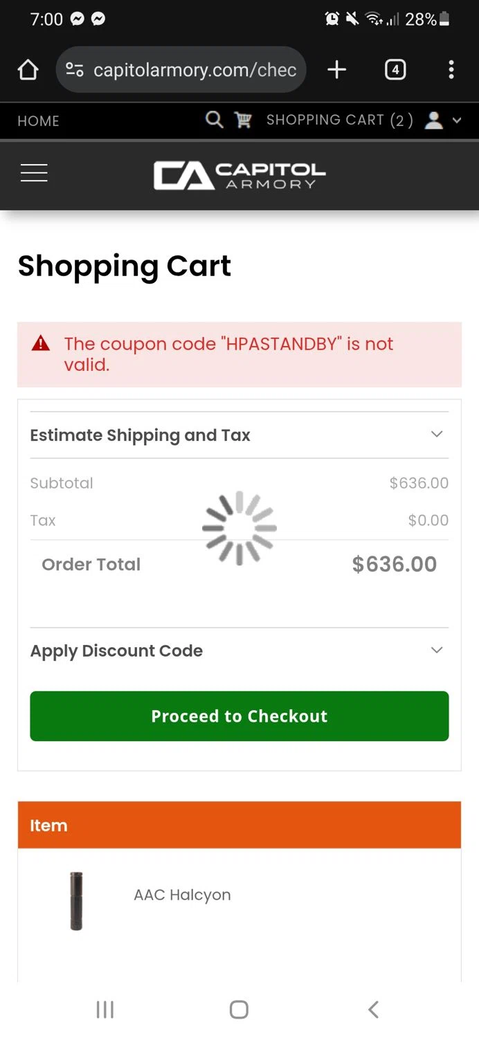 Capitol Armory discount code screenshot showing code HPASTANDBY applied at Capitol Armory checkout page. Uploaded by SimplyCodes community member CouponSaver4196 on Nov 16, 2025