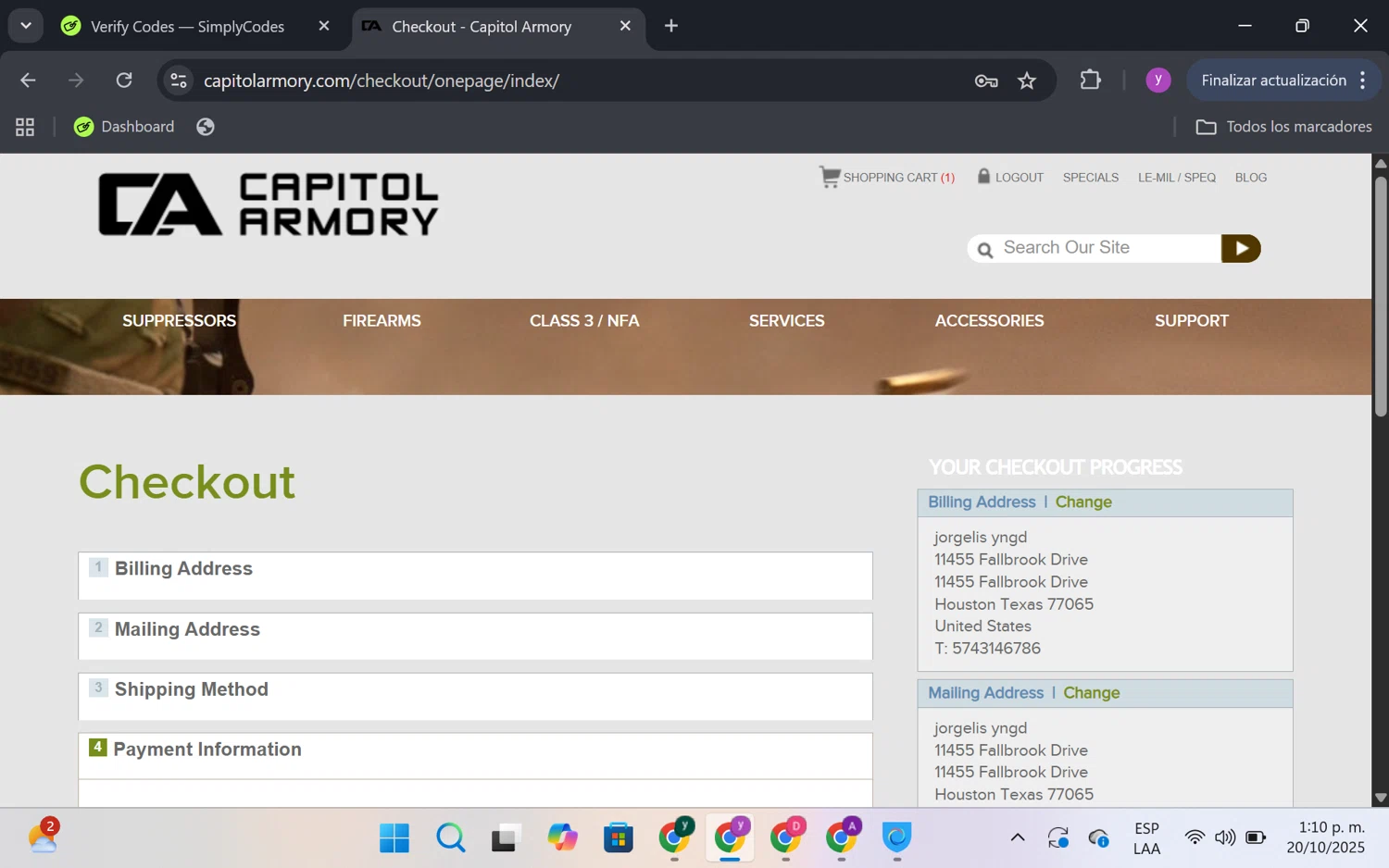 Capitol Armory discount code screenshot showing code HPASTANDBY applied at Capitol Armory checkout page. Uploaded by SimplyCodes community member FrugalKnight6753 on Oct 20, 2025