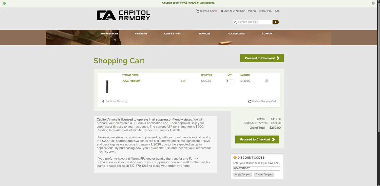 Capitol Armory checkout page showing Capitol Armory discount code box | Screenshot taken by SimplyCodes community member on Oct 20, 2025